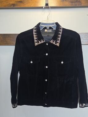 Vtg Christine Alexander Black Velvet Jacket with Crystal-Embellished Collar